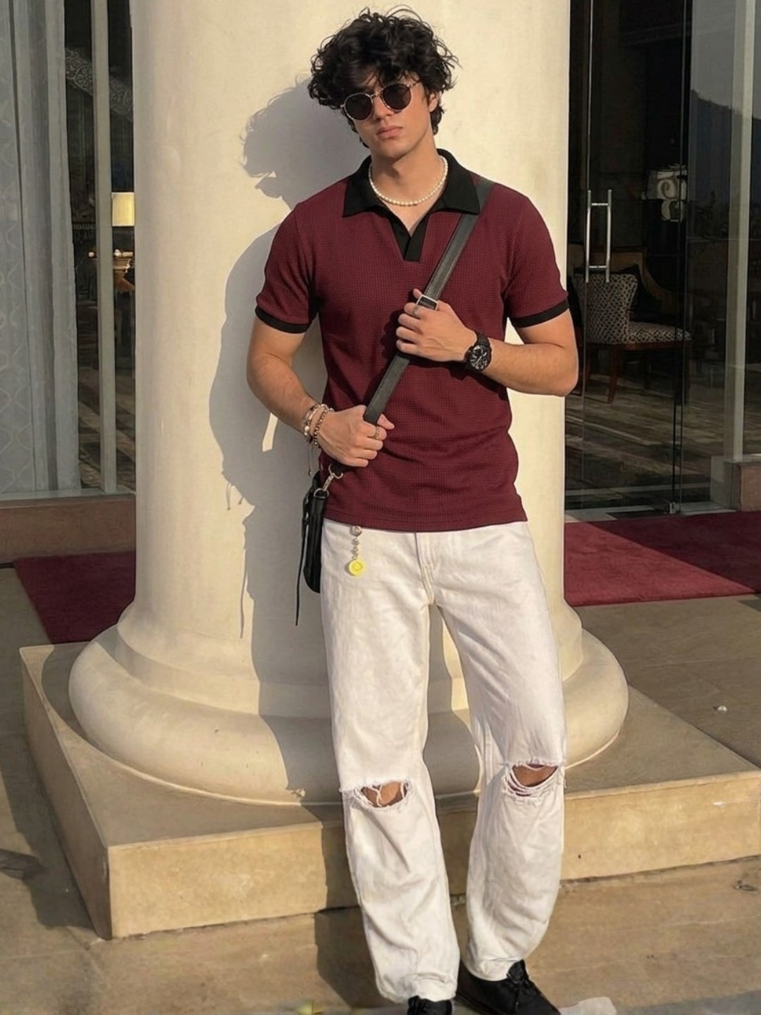 Wine Solid Waffle Cut Away Collar Polo T-Shirt