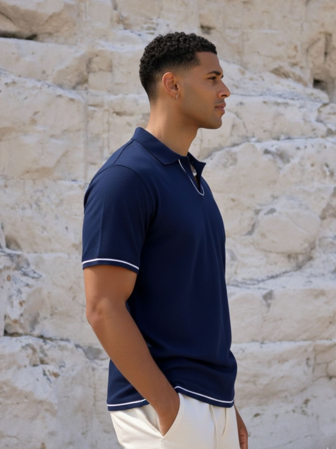 Navy Blue Solid Jersey Cut Away Collar Polo T-Shirt