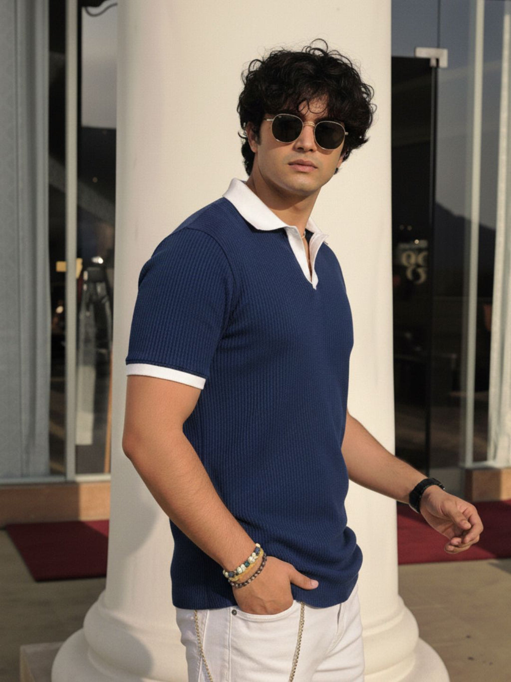 Navy Blue Solid Waffle Cut Away Collar Polo T-Shirt