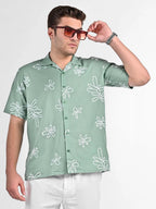 Men's Box-Fit Floral Embroidered Linen Lust Sage Shirt Vellure