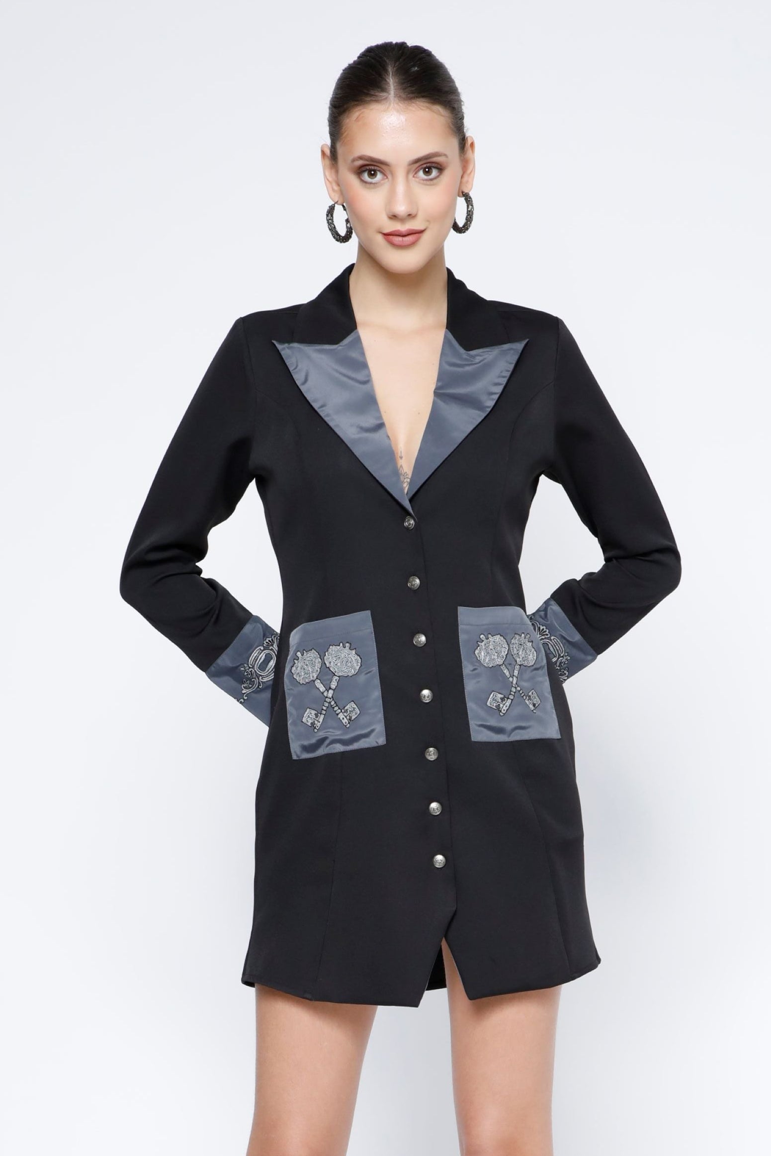 Vintage Lock and Key Embroidered Black Shirtdress