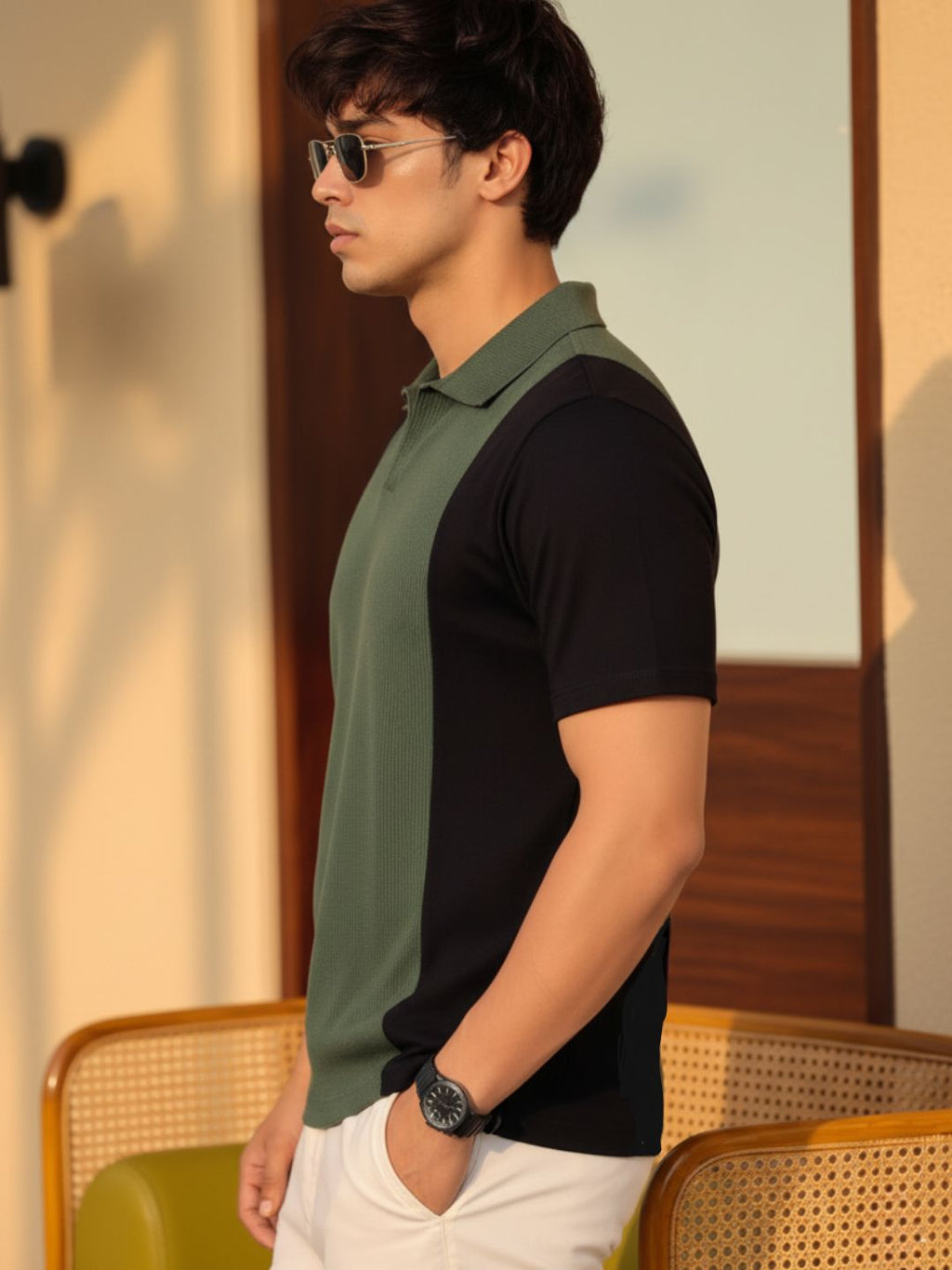 Army Green Colorblock Terry Cut Away Collar Polo T-Shirt