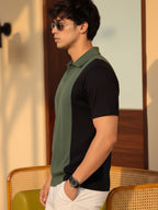 Army Green Colorblock Terry Cut Away Collar Polo T-Shirt