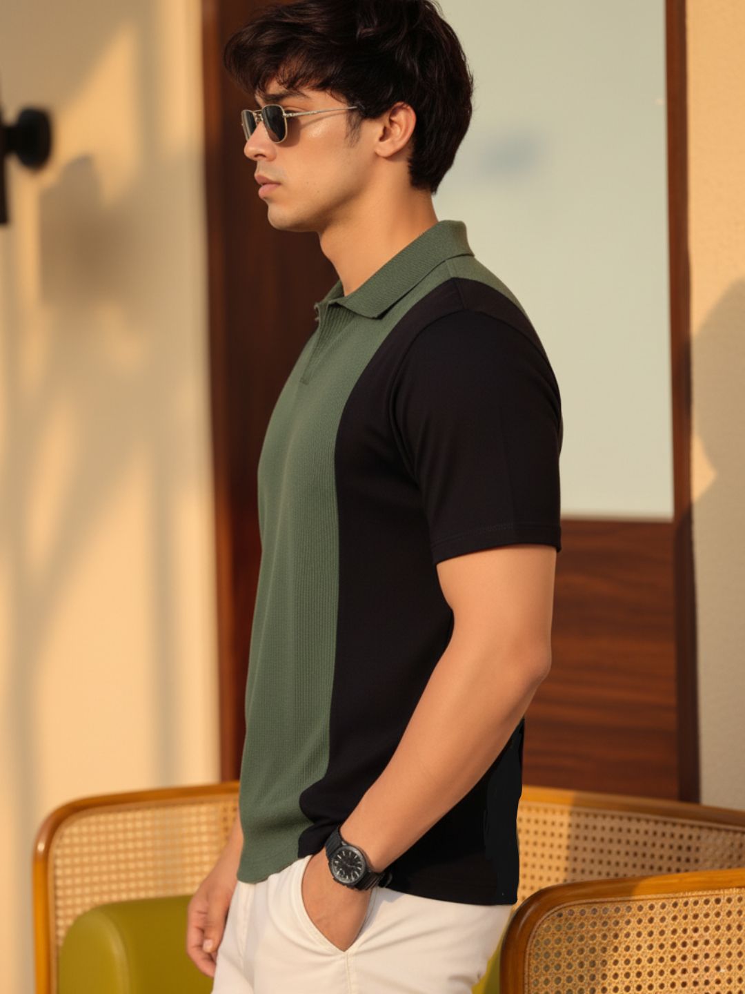Army Green Colorblock Terry Cut Away Collar Polo T-Shirt