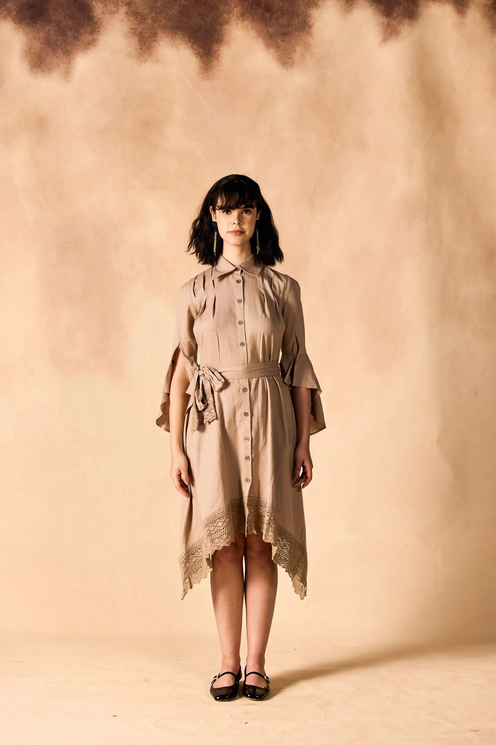 Handkerchief Hem Sash-Tie Belt Linen Shirtdress