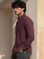 Wine Solid Cotton Cut Away Collar Full Sleeves Shirt