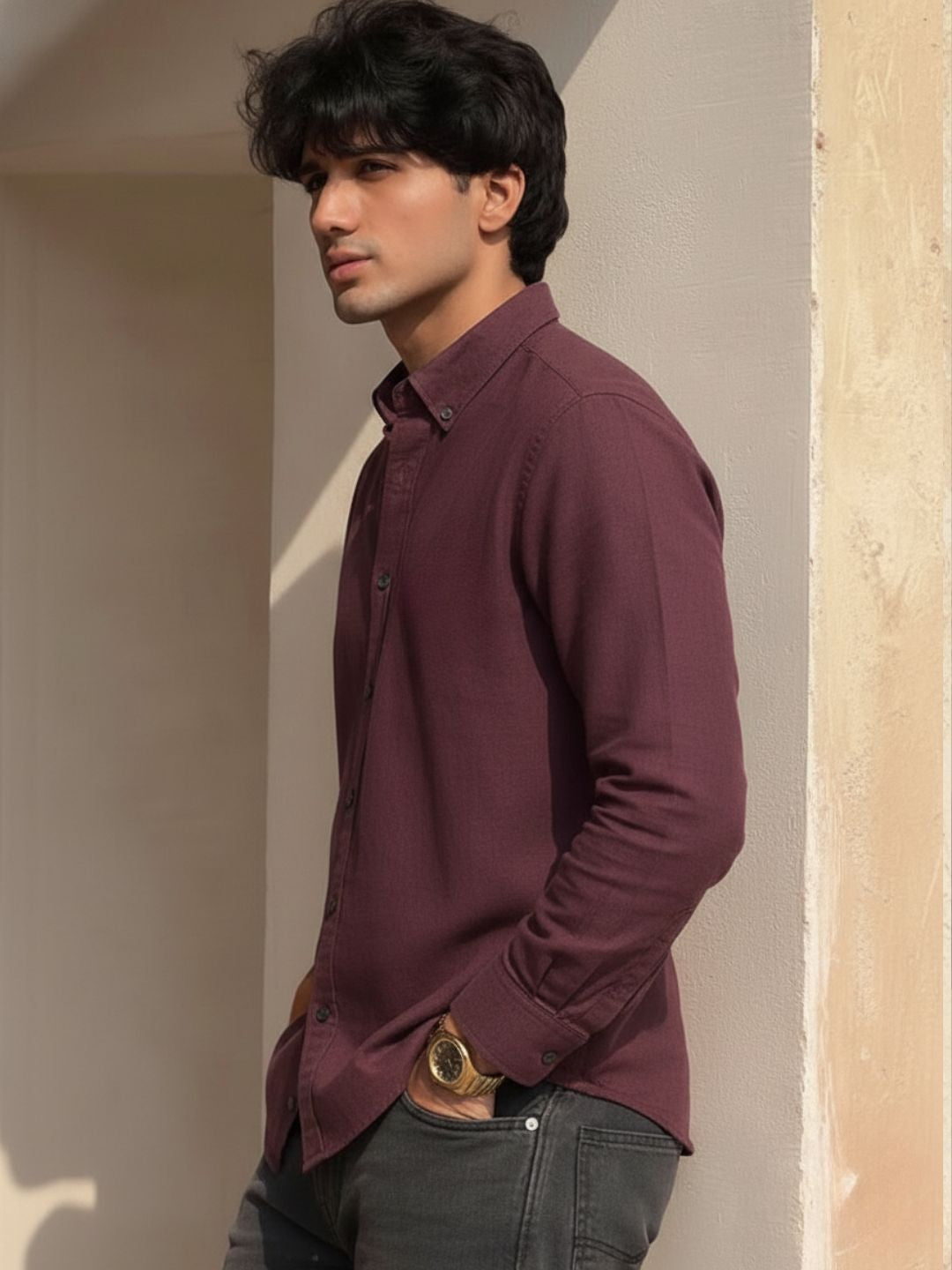 Wine Solid Cotton Cut Away Collar Full Sleeves Shirt