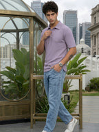 Purple Solid Poly Corduroy Cut Away Collar Polo T-Shirt