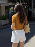 Mustard Drop Needle Self Textured Half Sleeves Top