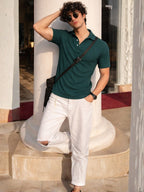 Teal Solid Poly Corduroy Cut Away Collar Polo T-Shirt