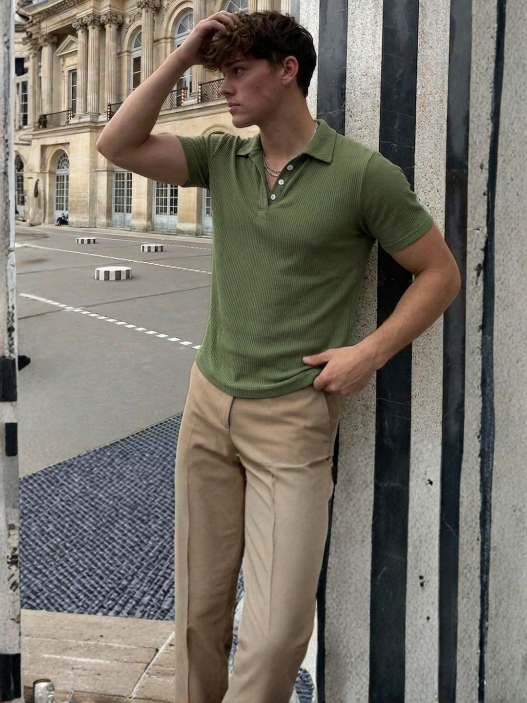 Army Green Solid Poly Corduroy Cut Away Collar Polo T-Shirt