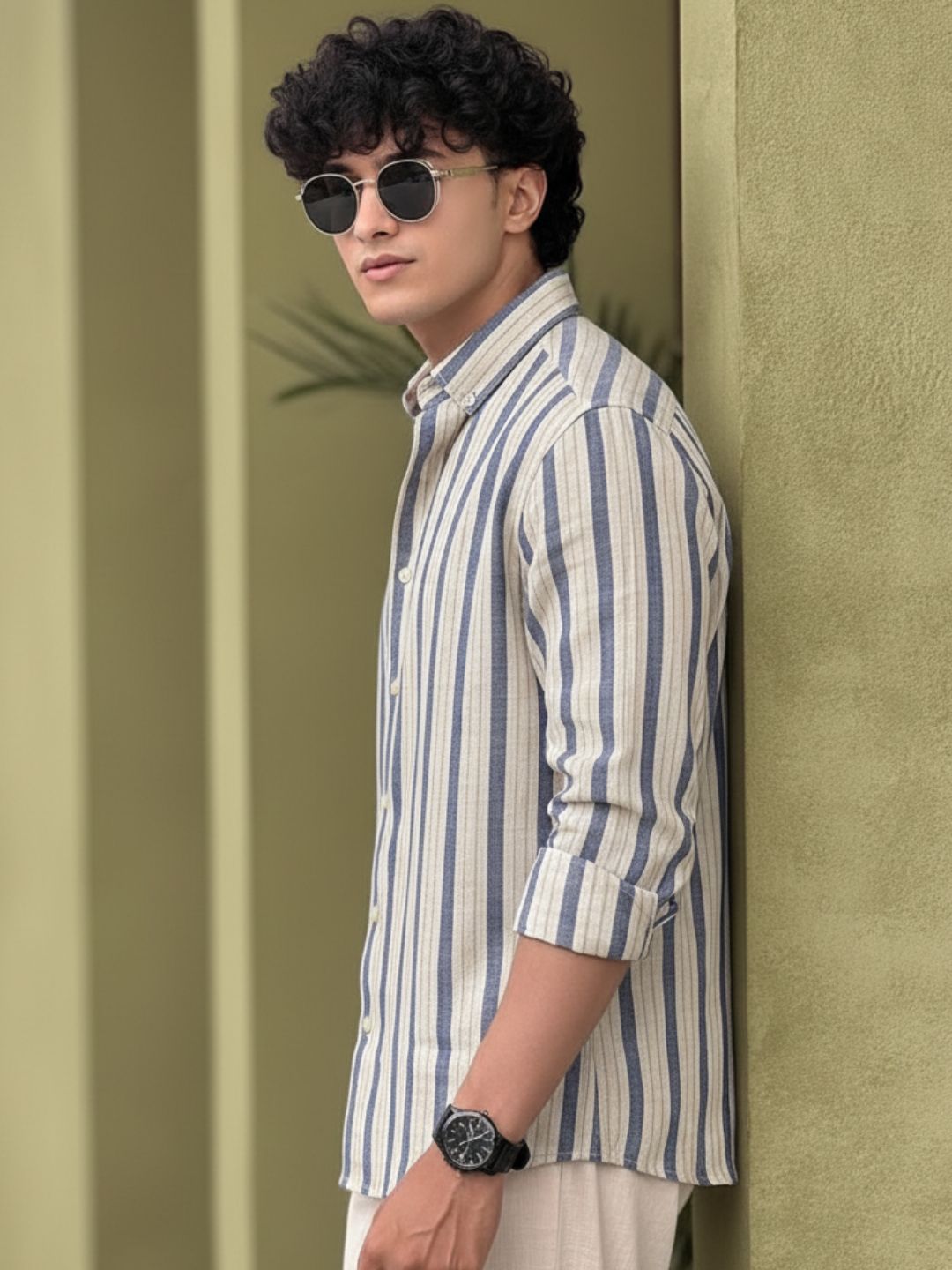 White Stripe Viscose Cut Away Collar Full Sleeves Shirt