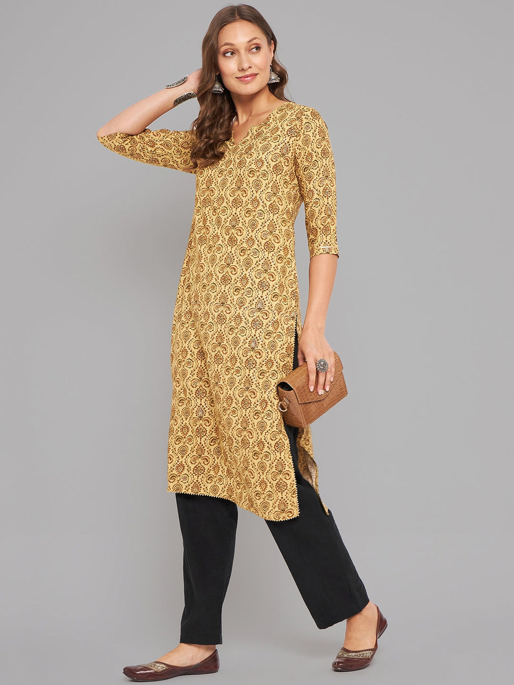 Women Mustard Kurta With Lace Krya