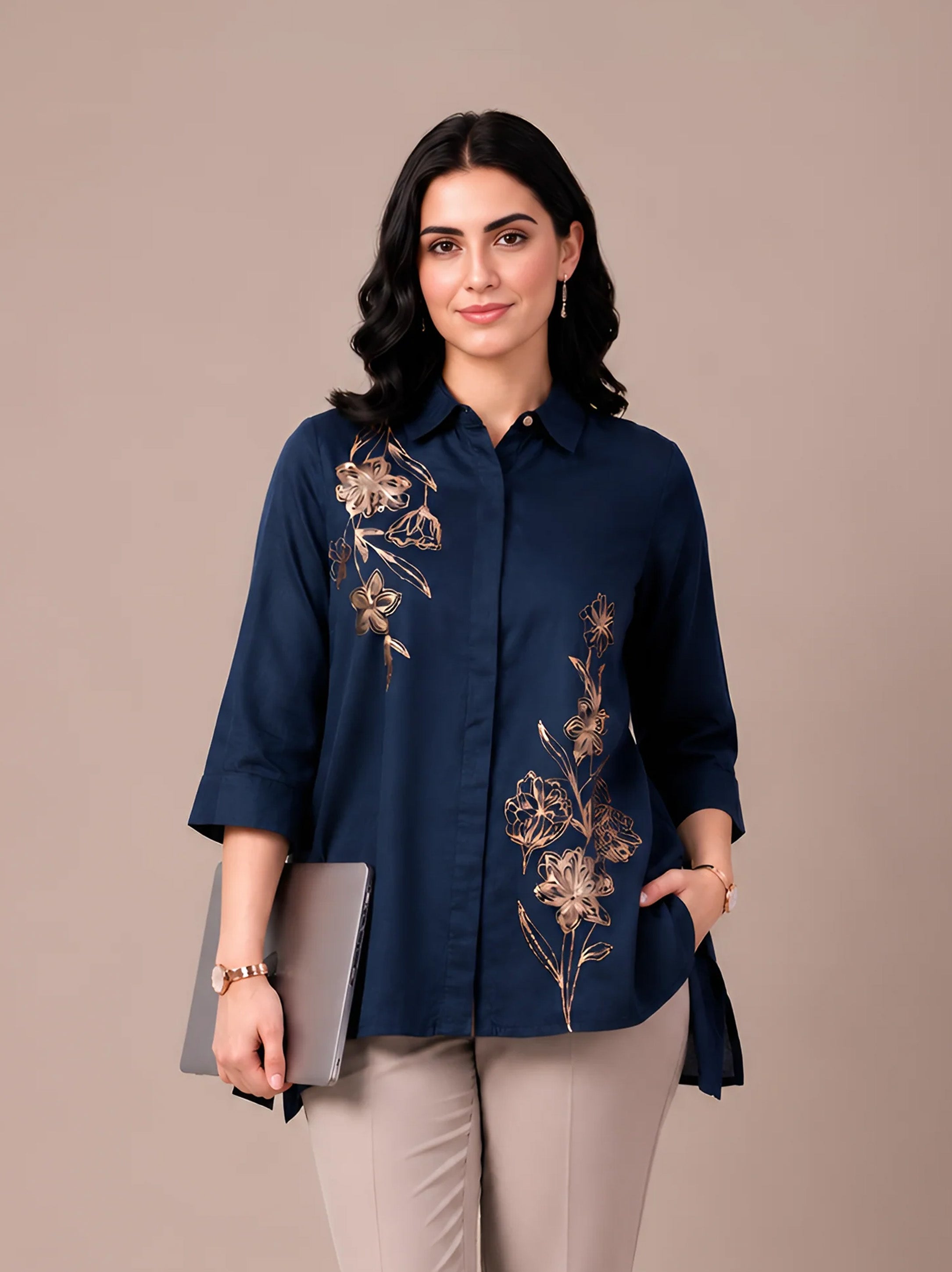 Navy Blue Modal Satin Embroidered Short Kurti