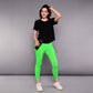 Woman in a 'Pilates Has Your Back' printed tee and neon green leggings holds a water bottle, standing against a plain gray background.