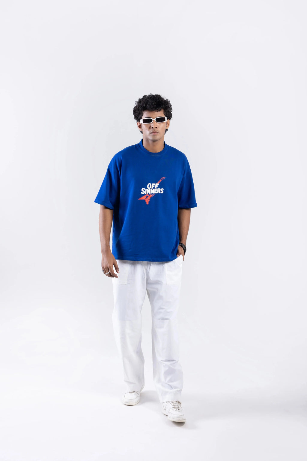 "Play Metal" Round Neck Printed Blue T-Shirt Off Sinners