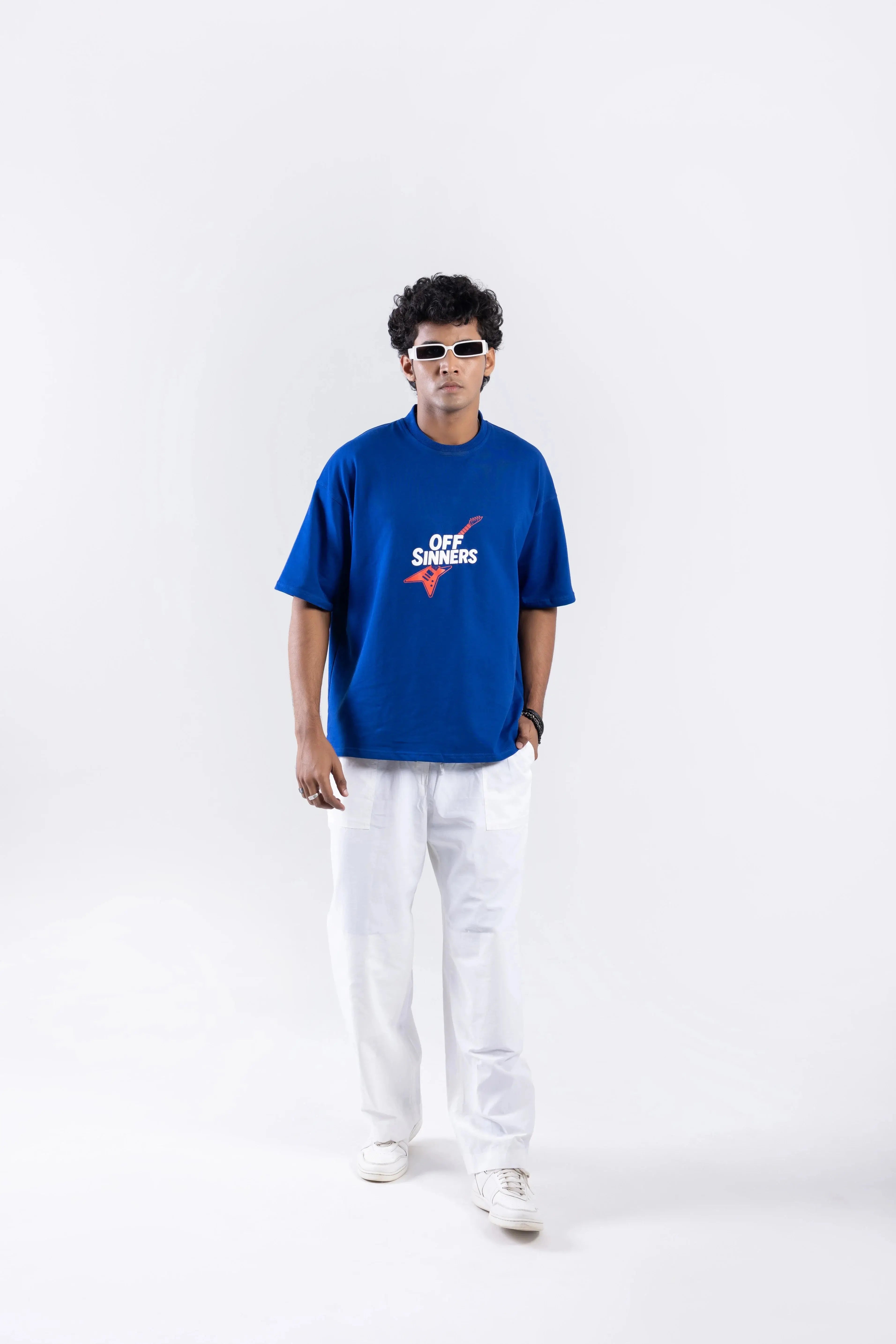 "Play Metal" Round Neck Printed Blue T-Shirt Off Sinners