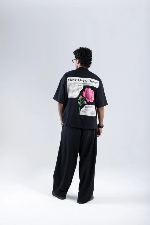 "Move Over Roses" Round Neck Printed Black T-Shirt