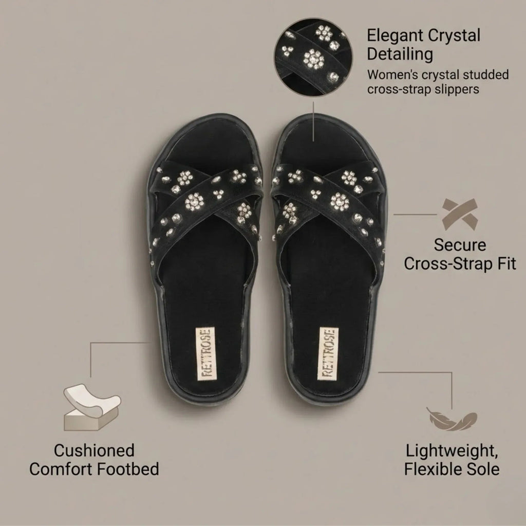 The Giana Black Luxury Cross Over Embellished Slides Rettrose