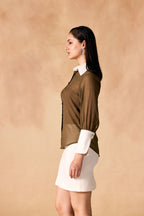 Button-Up Contrast Trim Georgette Sheer Shirt