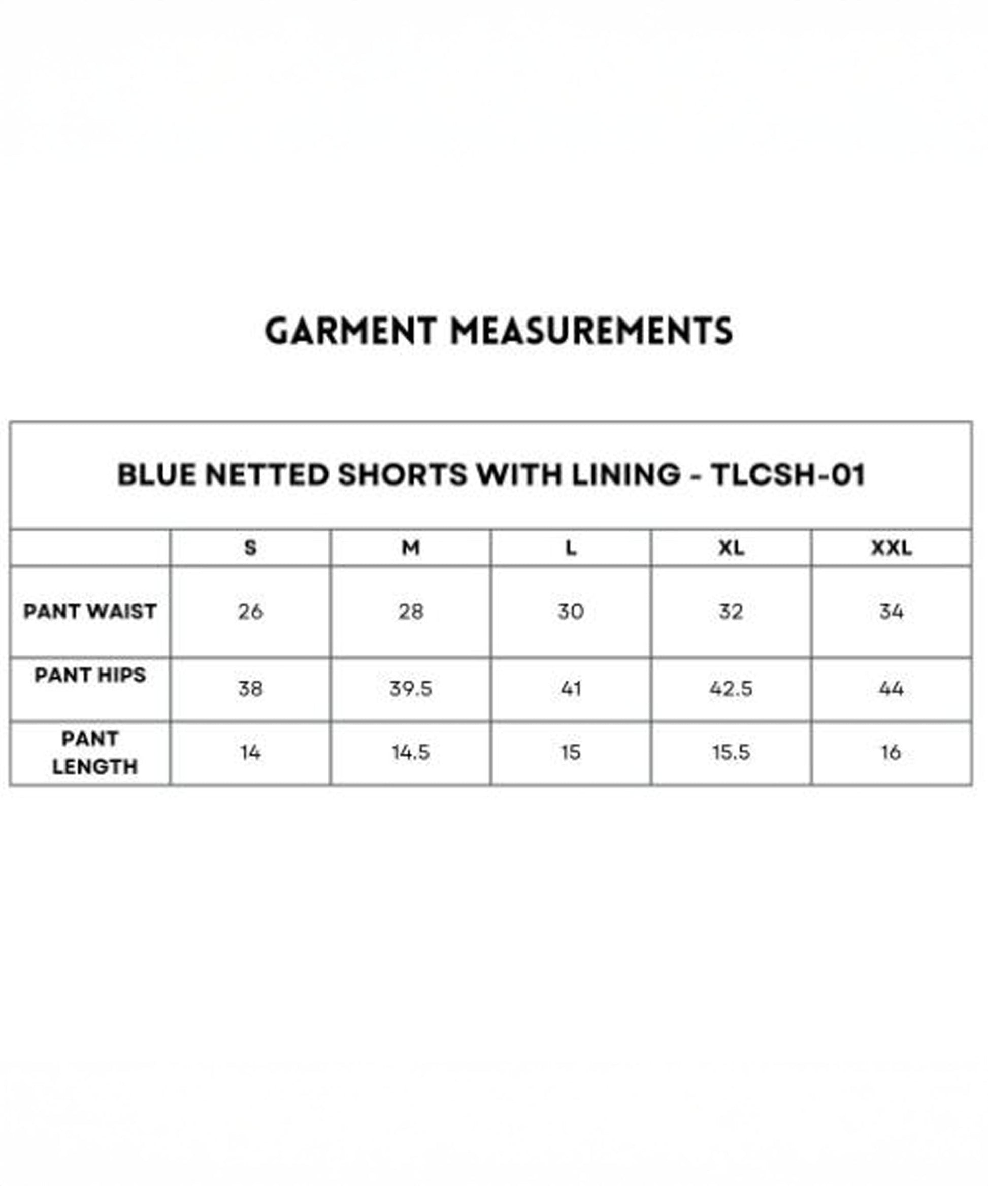 Size chart for Blue Premium Stretch Shorts With Lining, relaxed fit, includes waist, hip, and length measurements for sizes S to XXL.