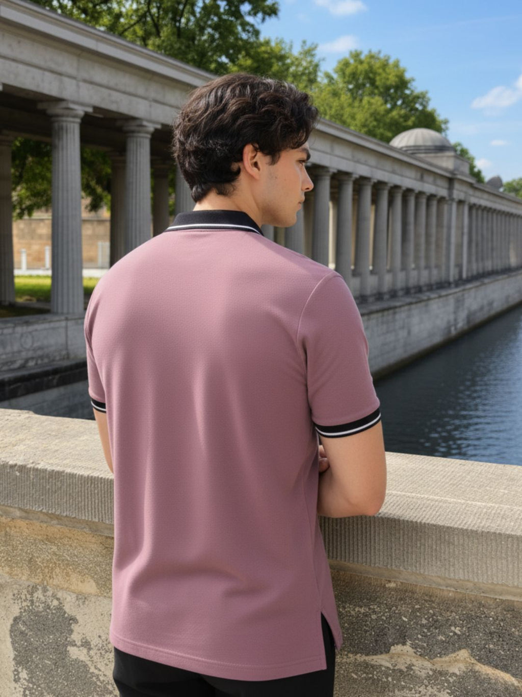 Mauve Terry Contrast Collar Regular Fit Polo T-Shirt