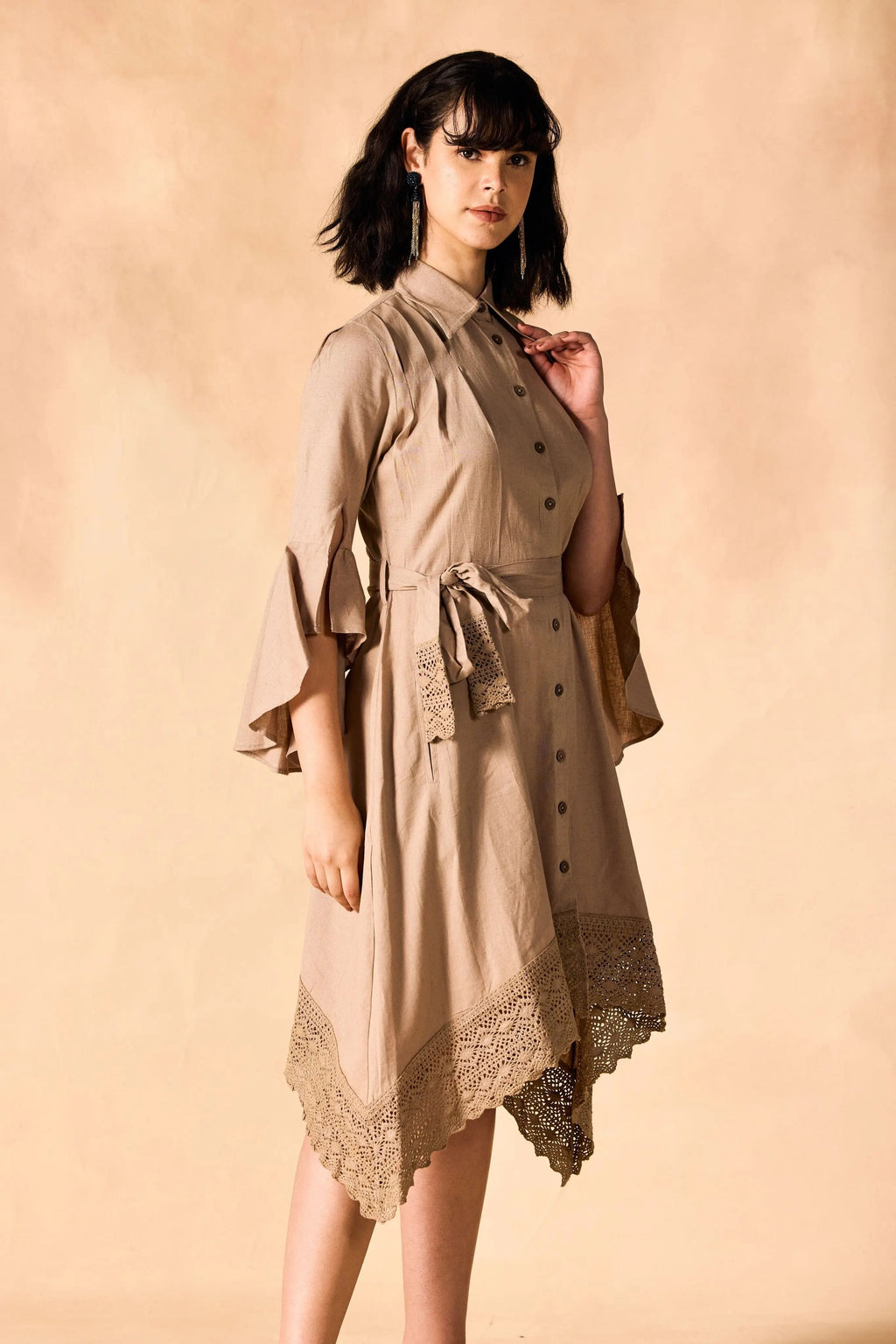 Handkerchief Hem Sash-Tie Belt Linen Shirtdress