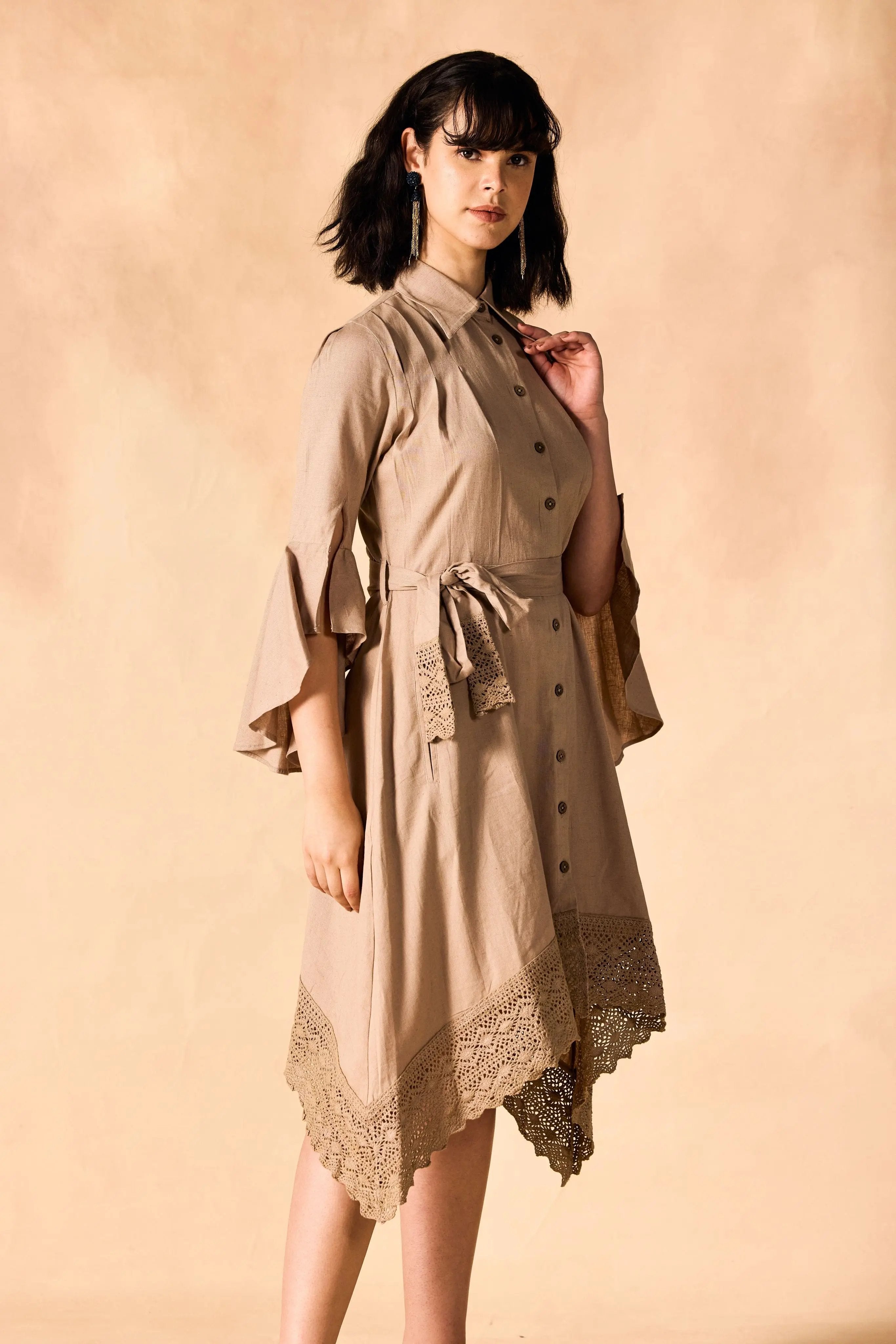 Handkerchief Hem Sash-Tie Belt Linen Shirtdress
