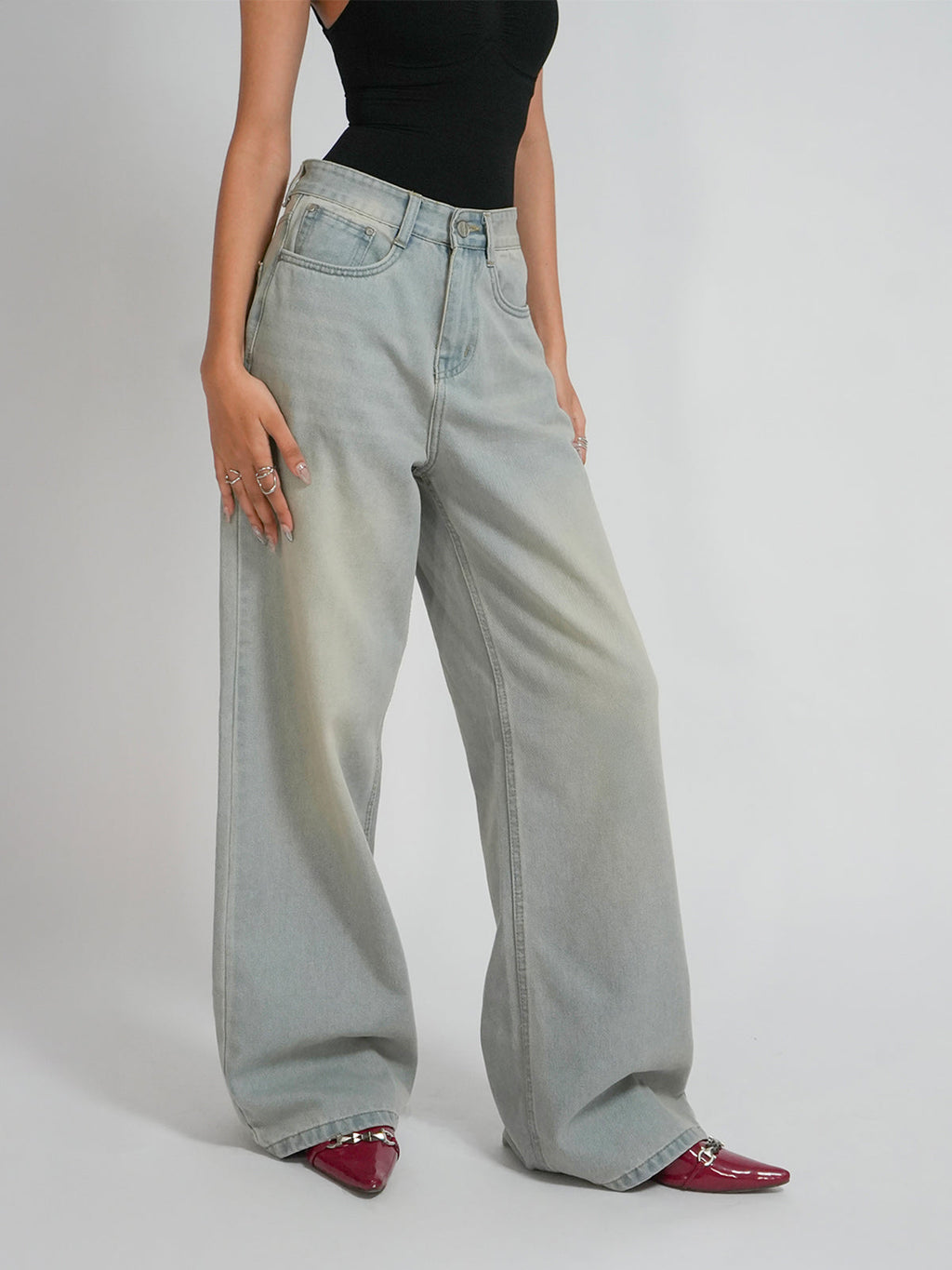 Pale Blue Dirty Wash Wide Leg Jeans Stylish Wodrobe