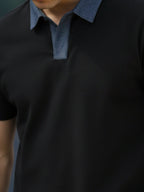 Black Solid Terry Cut Away Collar Polo T-Shirt