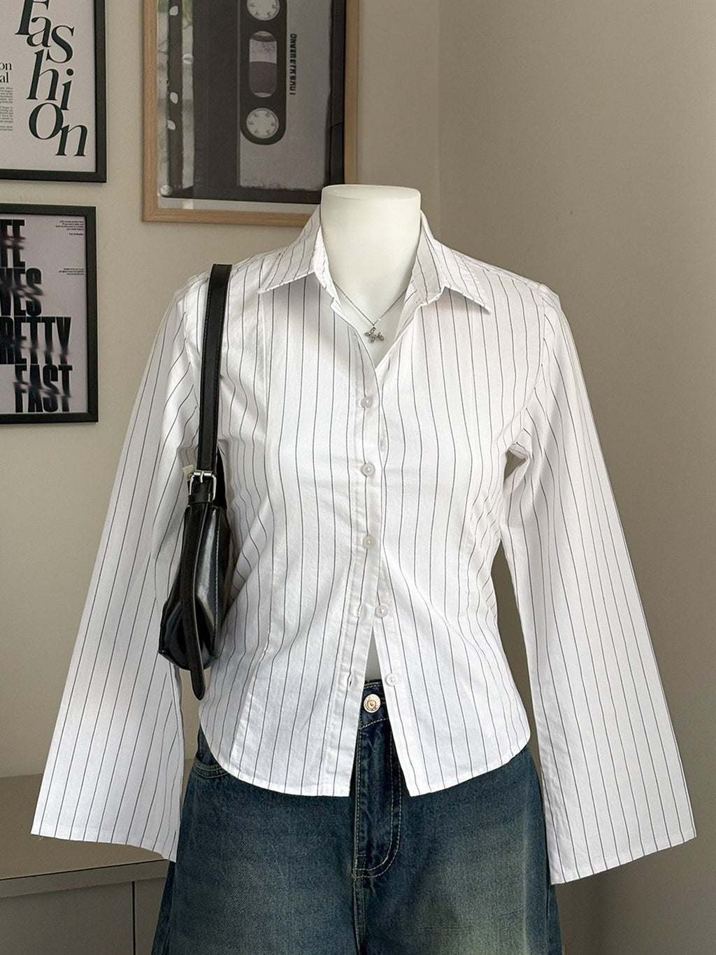 White Striped Flared Sleeve Fitted Shirt