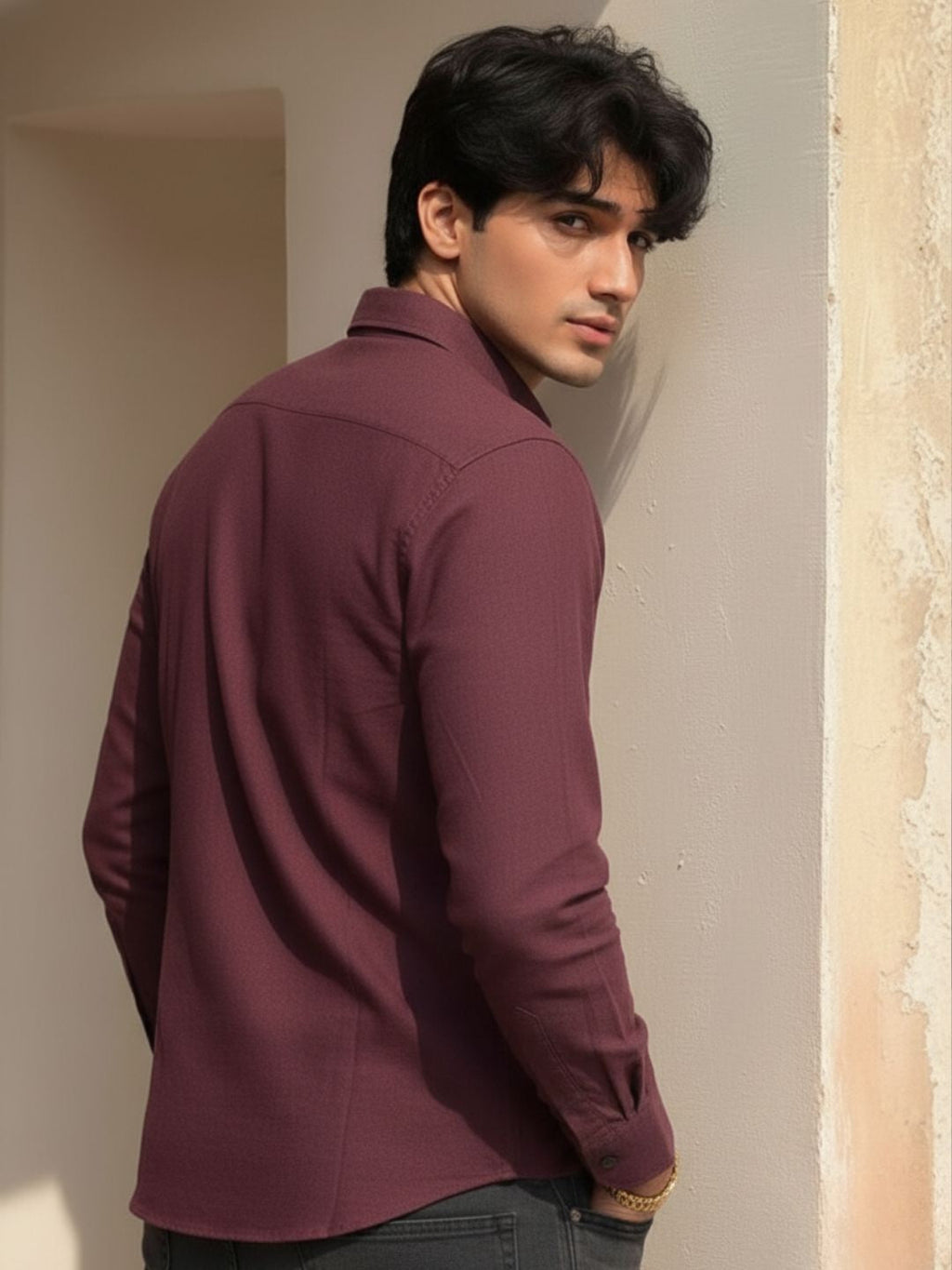 Wine Solid Cotton Cut Away Collar Full Sleeves Shirt