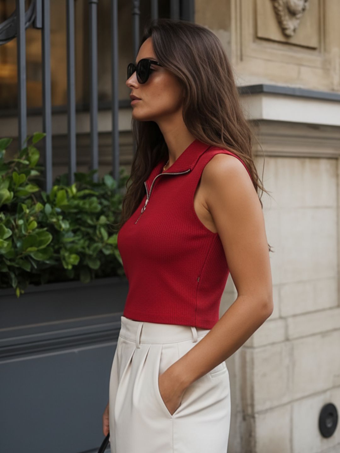 Red Waffle Self Textured Sleeveless High Neck Top