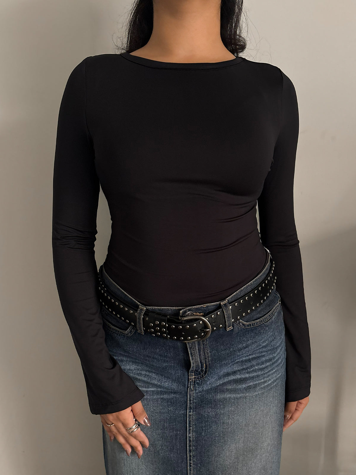 Black Boat Neck Bell Sleeve Slim Fit Top
