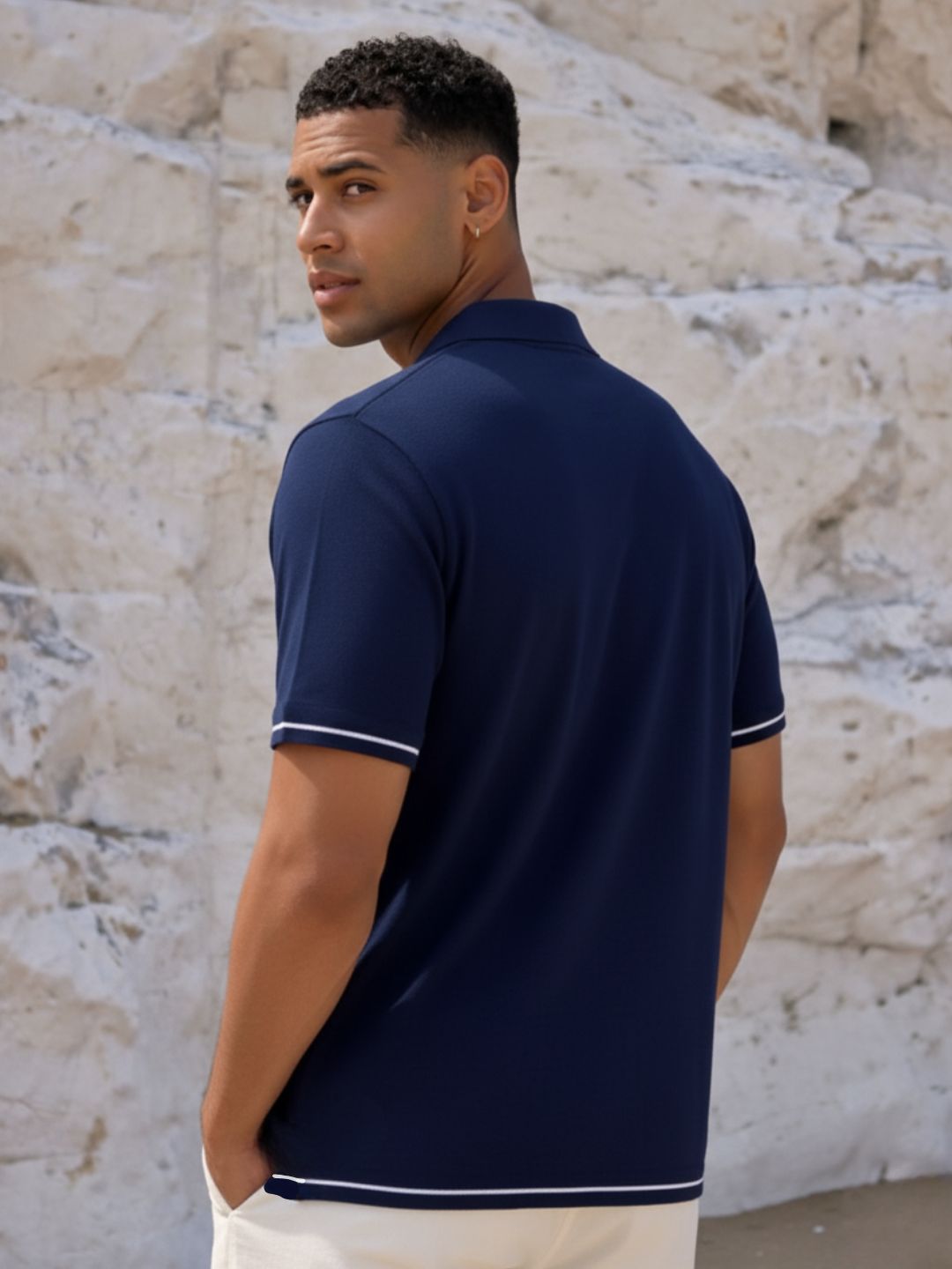 Navy Blue Solid Jersey Cut Away Collar Polo T-Shirt