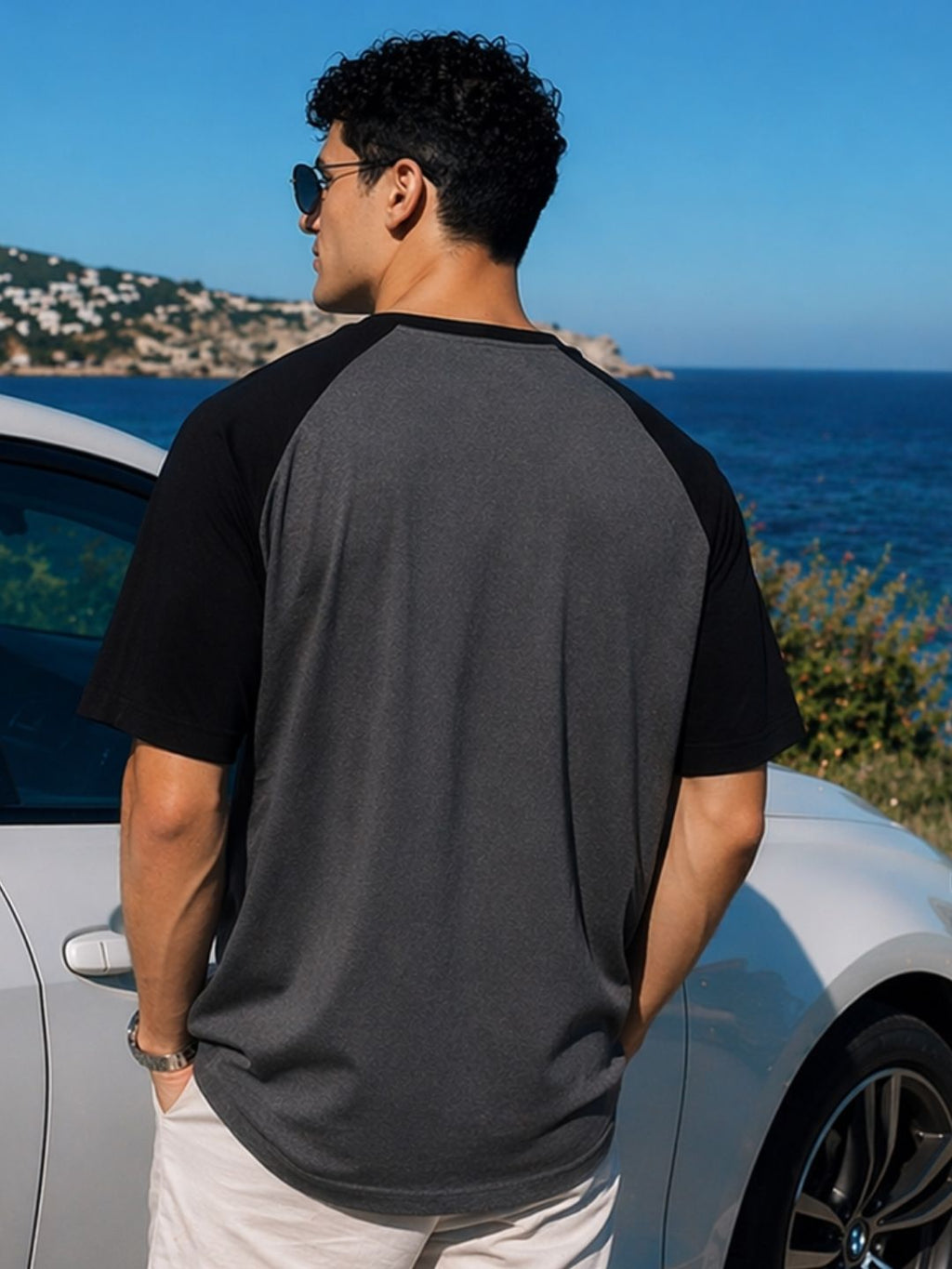 Grey Jersey Colorblock Round Neck Oversized T-Shirt