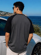 Grey Jersey Colorblock Round Neck Oversized T-Shirt