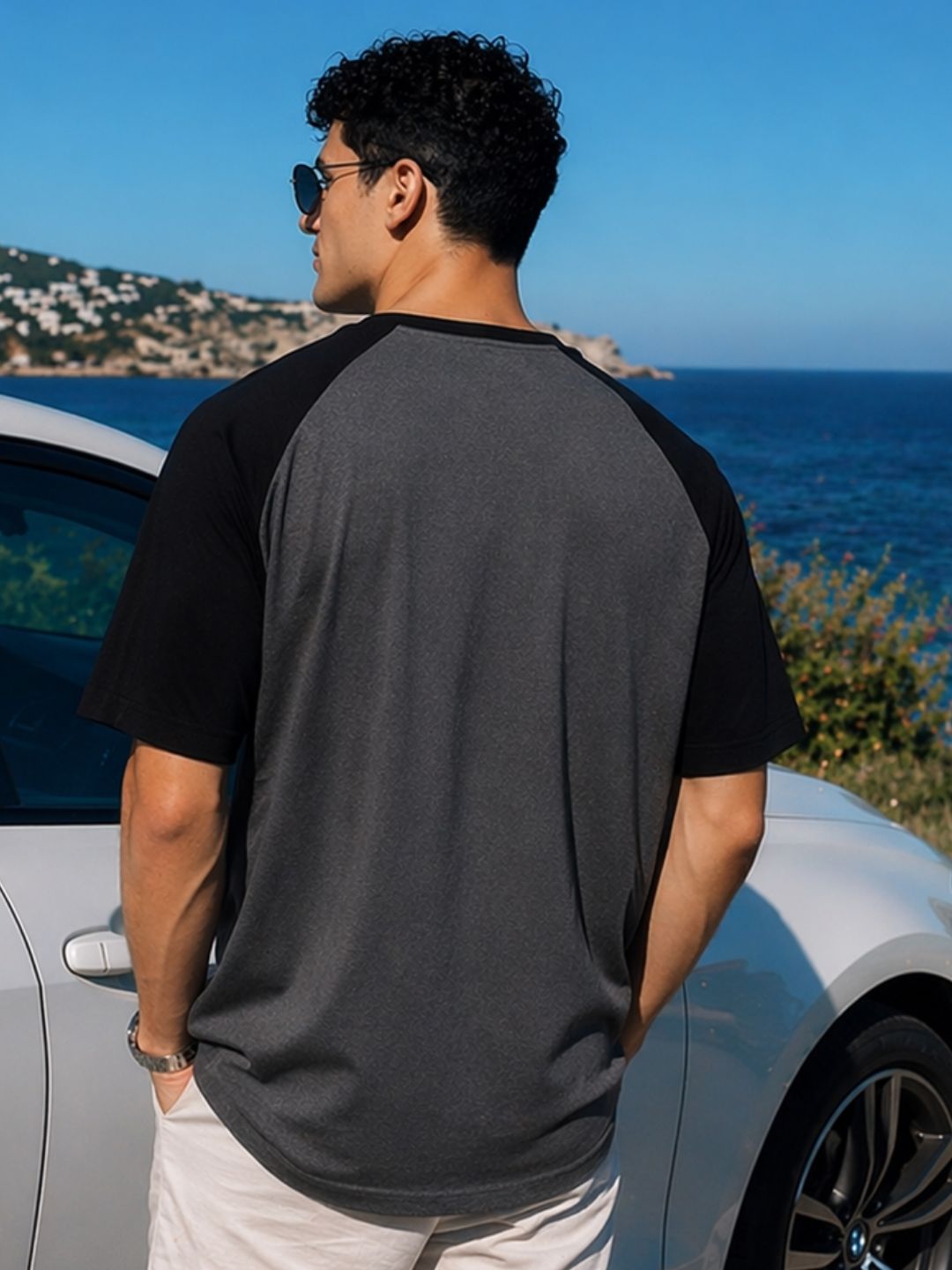Grey Jersey Colorblock Round Neck Oversized T-Shirt