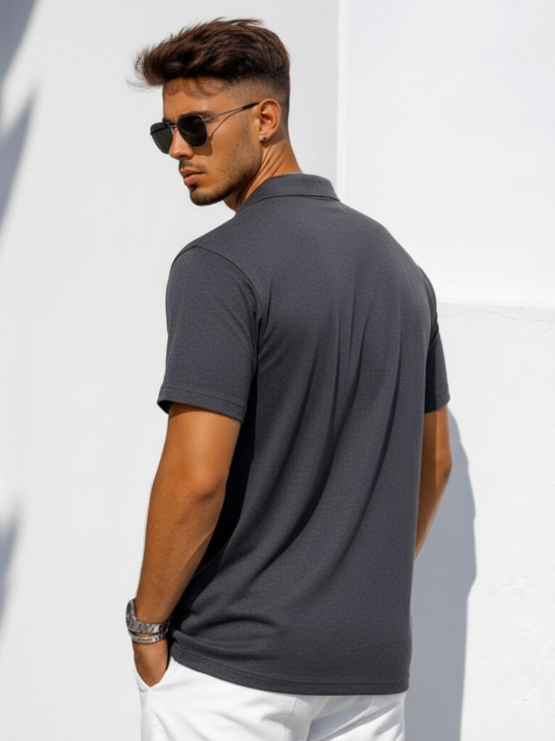 Charcoal Solid Terry Cut Away Collar Regular Fit Polo T-Shirt