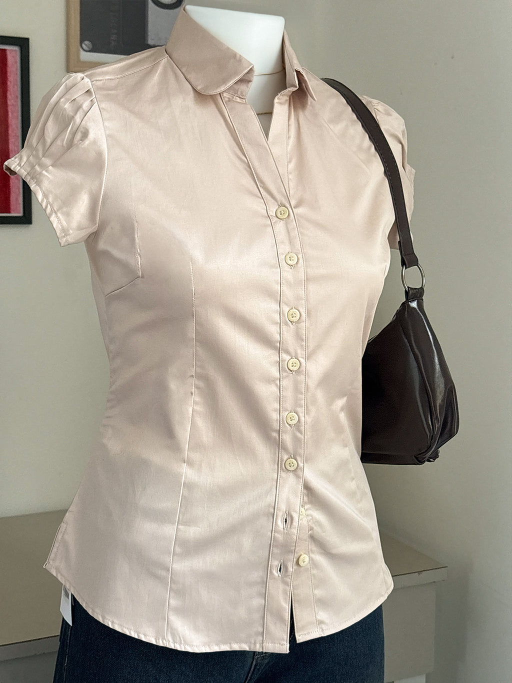 Beige Short Sleeve Y2K Fitted Shirt