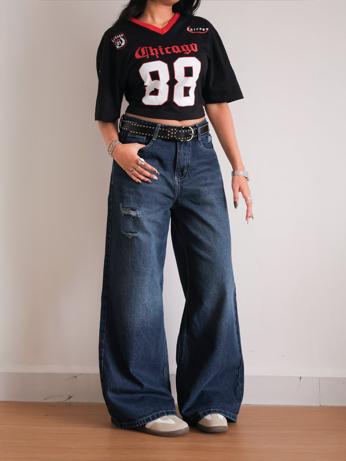 Deep Ocean Blue Ripped Ultra Wide Leg Jeans??