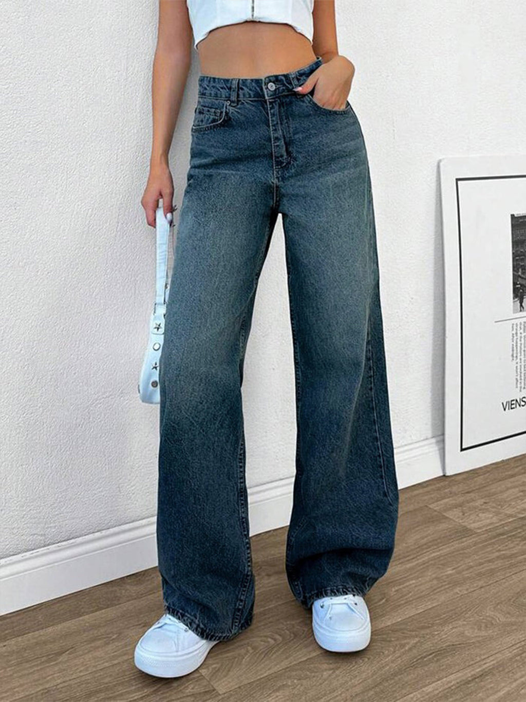 Cyber Blue Tinted Wide Leg Jeans Stylish Wodrobe