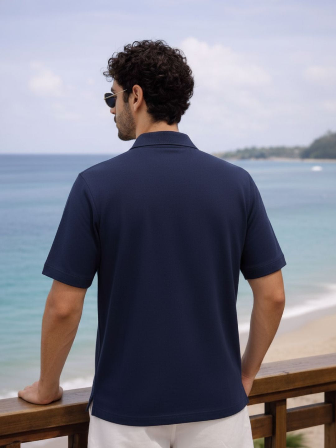 Navy Blue Solid Terry Cut Away Collar Regular Fit Polo T-Shirt