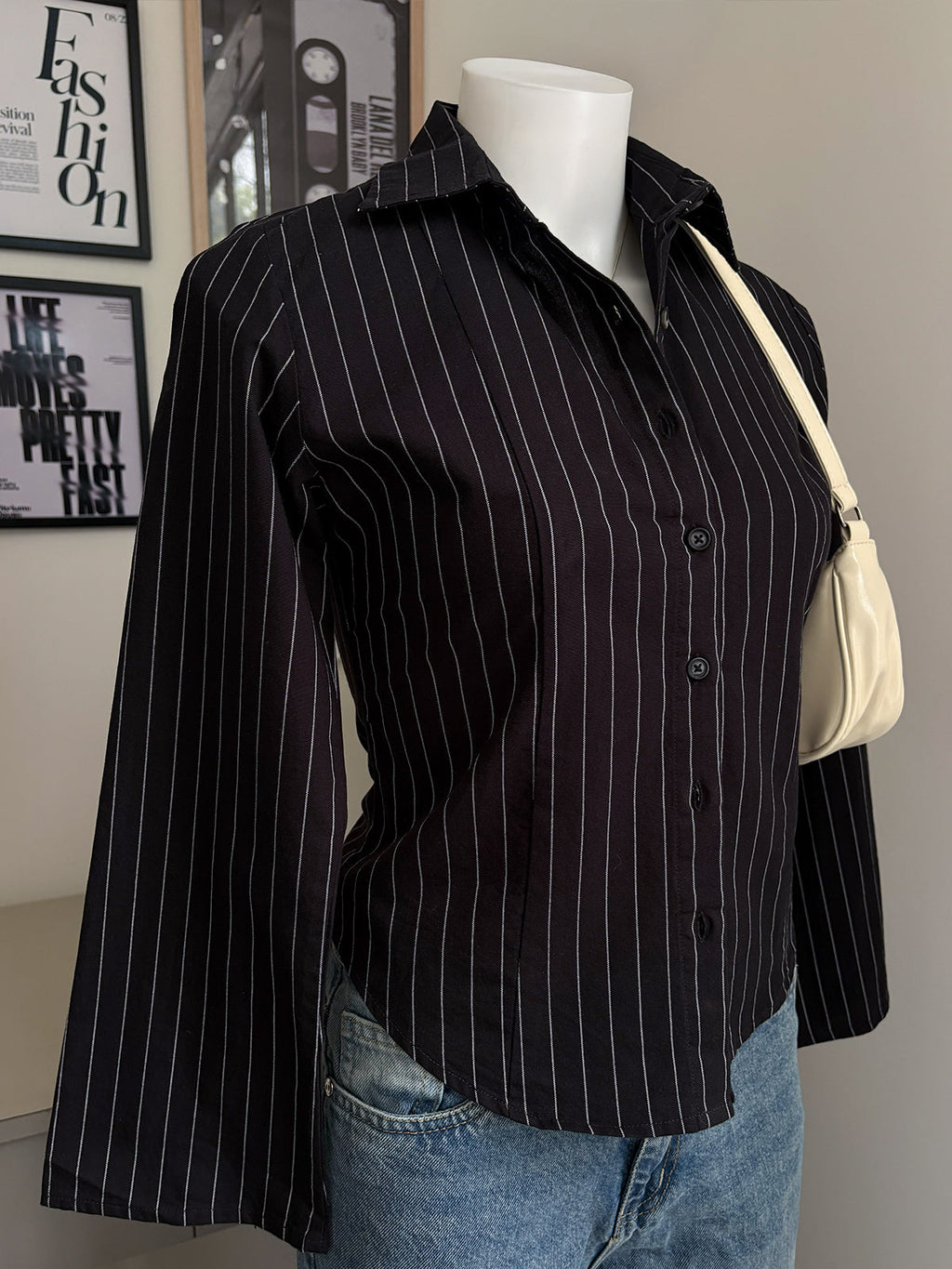 Black Striped Flared Sleeve Fitted Shirt