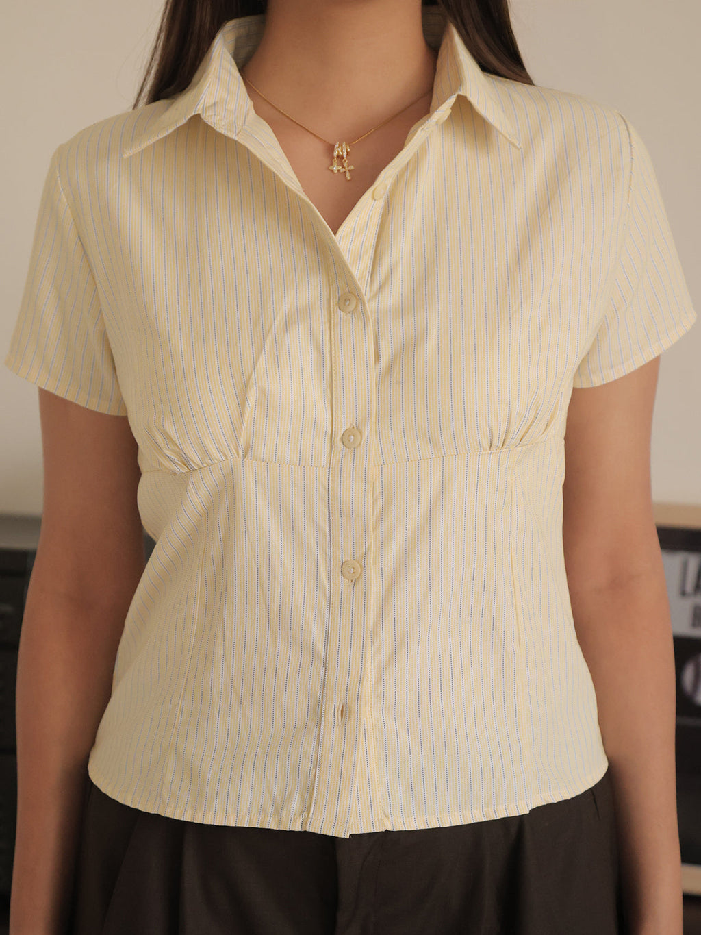 Butter Yellow Striped Short Sleeve Fitted Shirt