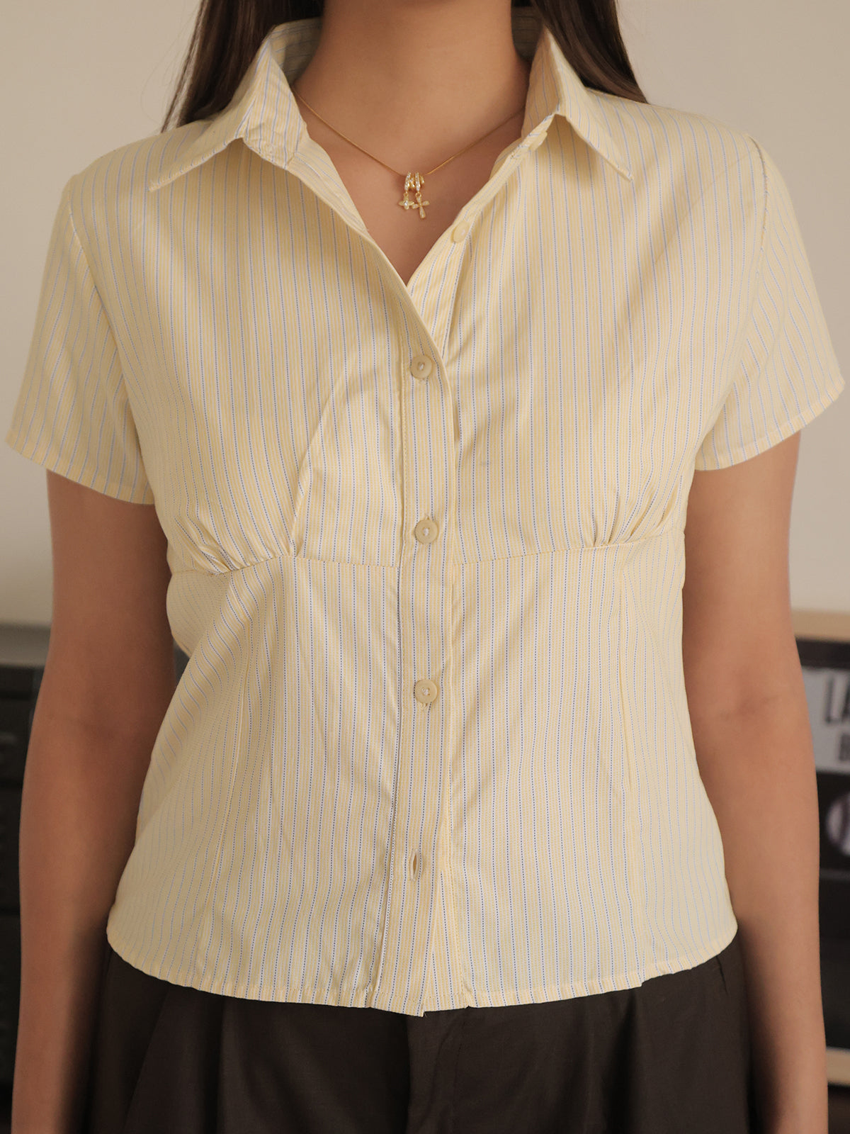 Butter Yellow Striped Short Sleeve Fitted Shirt