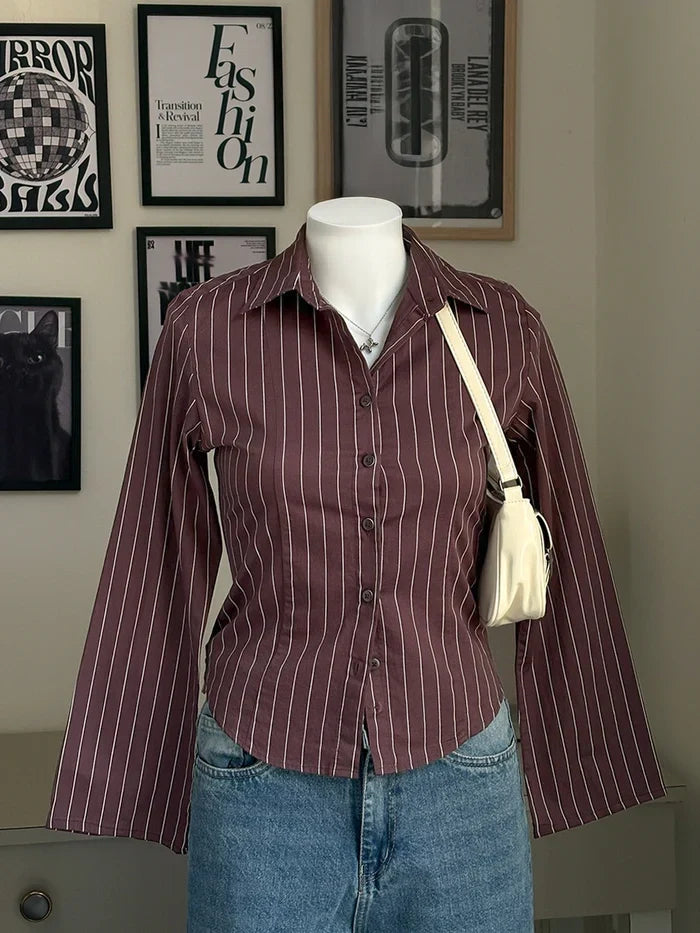Rose Brown Striped Flared Sleeve Fitted Shirt