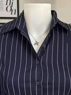 Navy Blue Striped Flared Sleeve Fitted Shirt