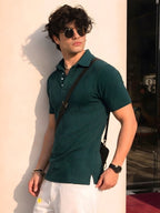 Teal Solid Poly Corduroy Cut Away Collar Polo T-Shirt