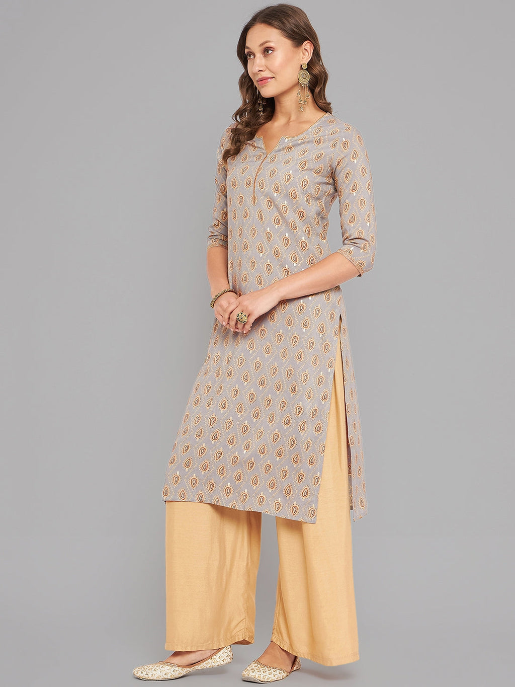 Women Grey Ethnic Motifs Printed Kurta With Piping Krya